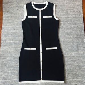NWOT Black Sleeveless Dress with White Trim Pearl Button Knit Medium